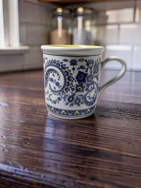 Vintage Stoneware Blue,White,Yellow Paisley Design Coffee Mug.